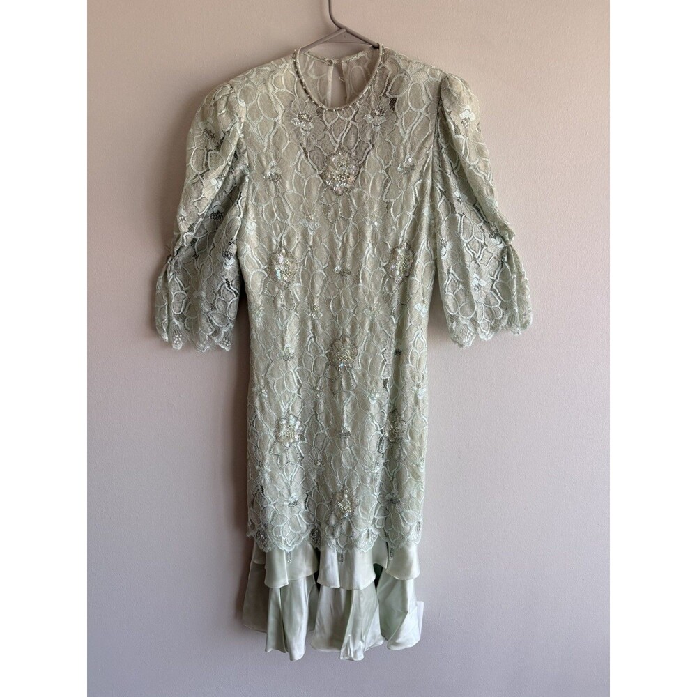 Rina Di Montella Couture Vintage 80s Green Dress 100% Silk Size 14